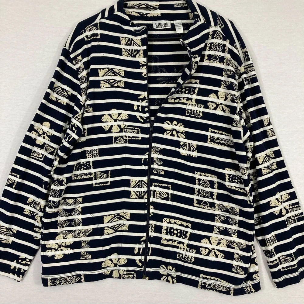 Chico's Navy/Cream Zip Up Cotton Stretch Jacket Large